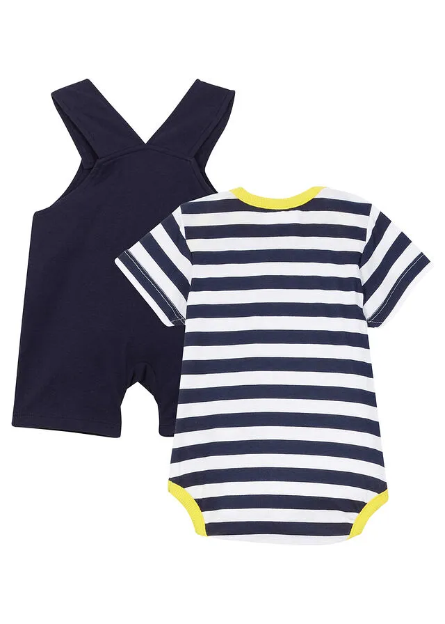 BODY DE MANGA CORTA + PETO PARA BEBé (2 PIEZAS) DE ALGODóN ORGáNICO AZUL OSCUROBLANCOAMARILLO ESTAMPADO